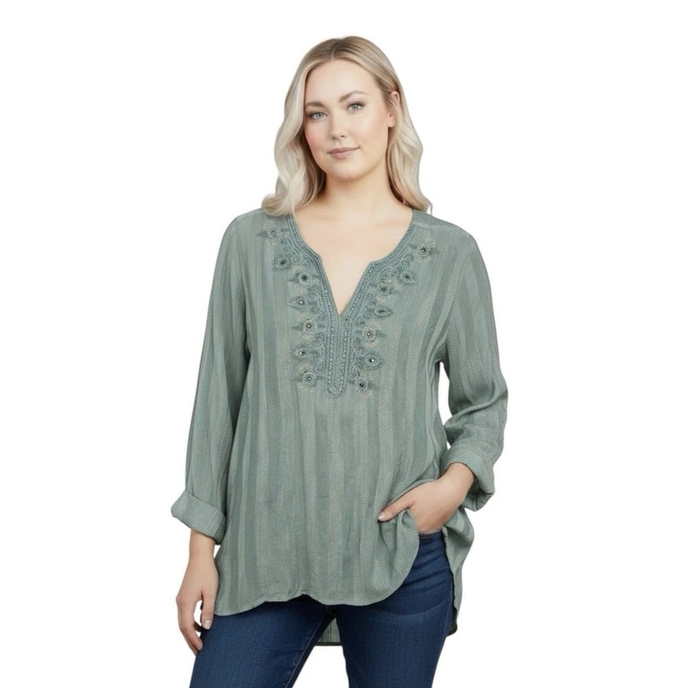 Soft Surroundings Sage Green Embroidered Beaded Tunic Top w Pockets Boho Chic XL